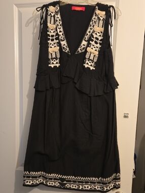 Catherine MaLandrino Black Dress with White Embriodery And Fringe